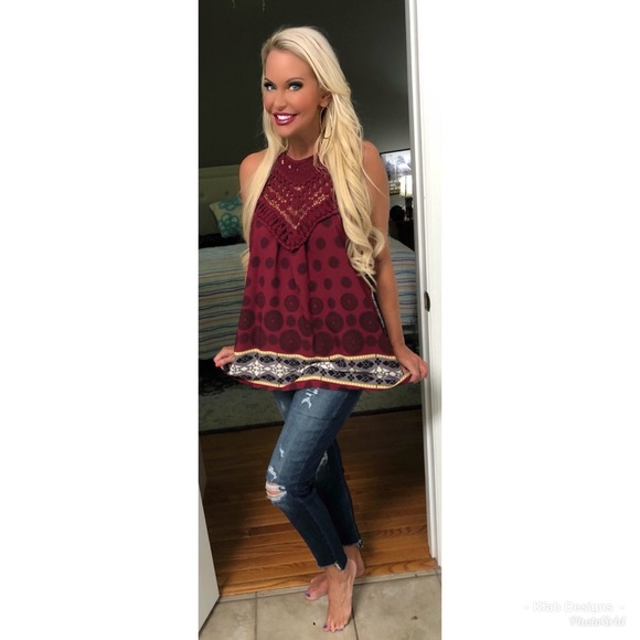 💕Wine Crochet/Lace Detail Halter Style Tunic! - Picture 7 of 8